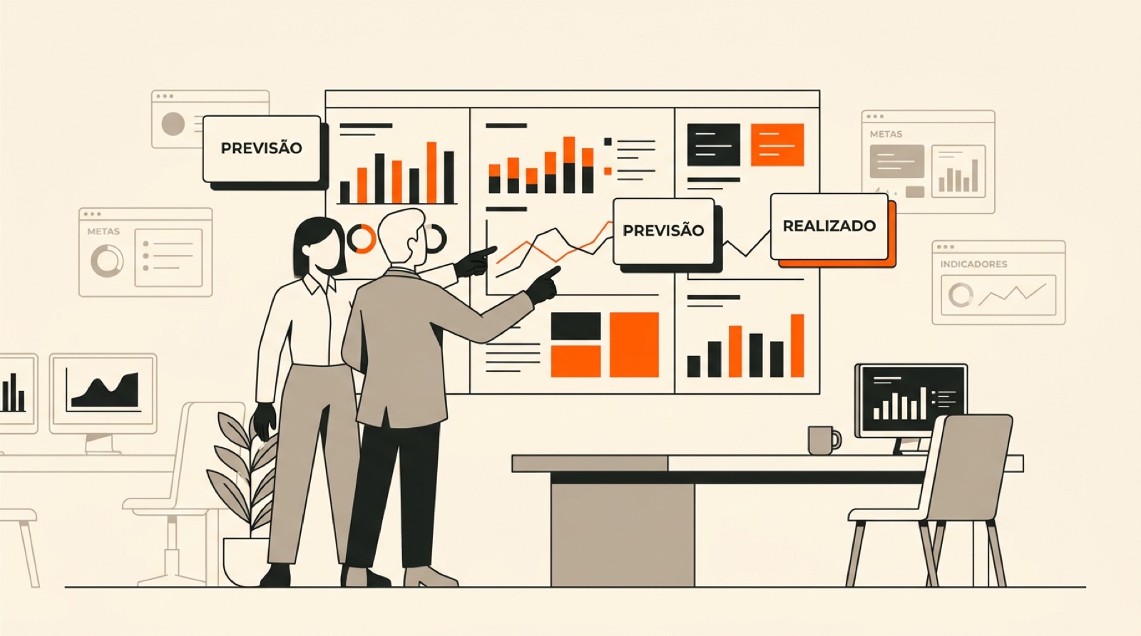 Uma gerente e um analista apontam a linha de previsão num painel de gráficos na parede do escritório, com cartões de previsão e realizado flutuando sobre o painel e uma mesa com monitor ao lado