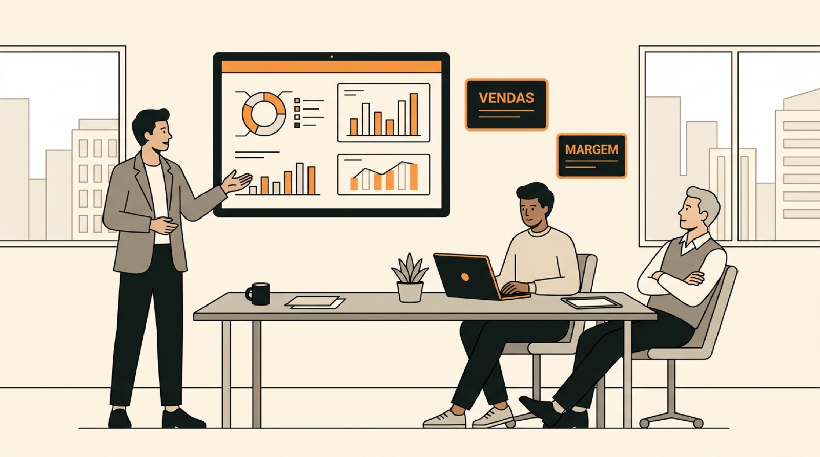 Três pessoas numa sala de reunião: uma de pé apresenta um painel de gráficos na parede, outra trabalha no laptop e a terceira observa da mesa, com cartões de vendas e margem ao lado