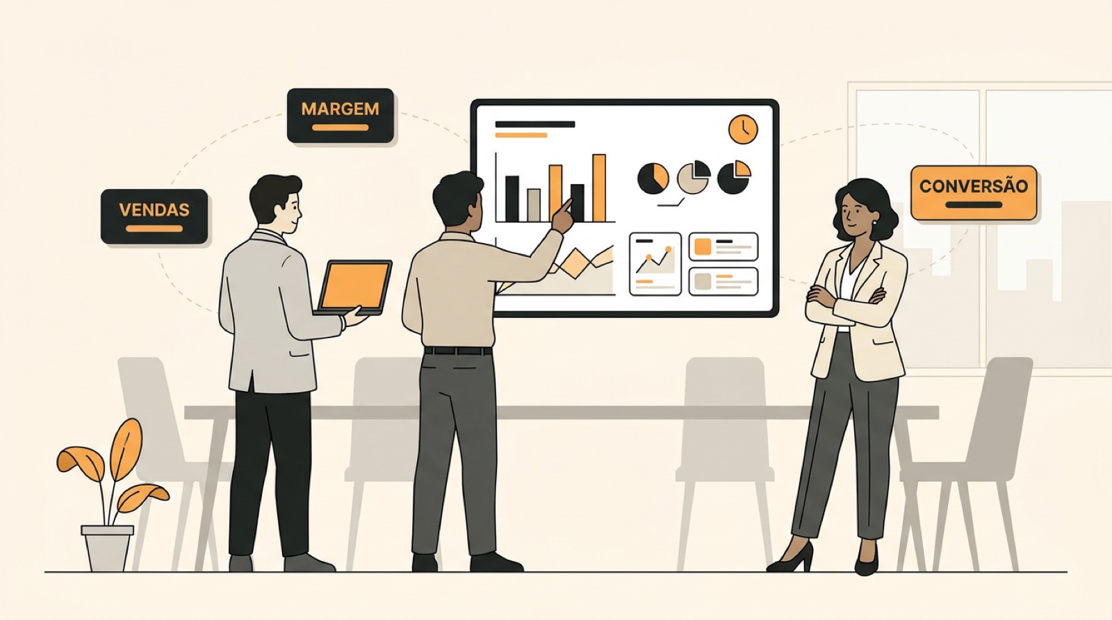 Três pessoas numa sala de reunião diante de um painel de vendas na parede, uma apontando o gráfico, outra com o laptop na mão, e cartões de vendas, margem e conversão ao redor