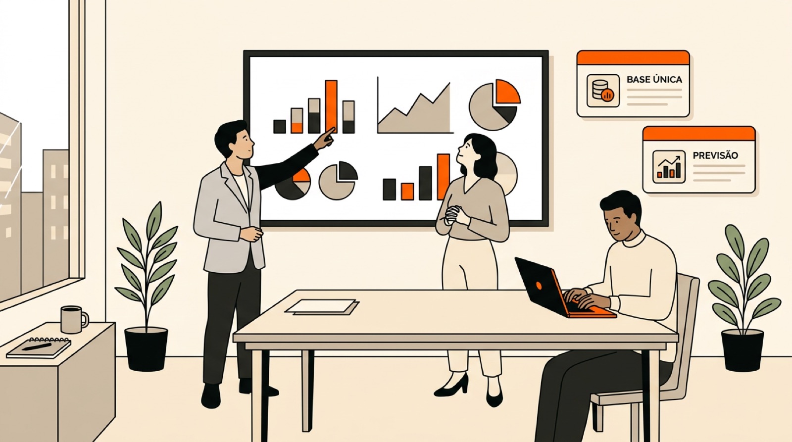 Um gerente aponta gráficos de barras e pizza num painel na parede da sala de reunião, uma diretora observa ao lado e um analista digita no laptop laranja, com cartões de base única e previsão flutuando à direita