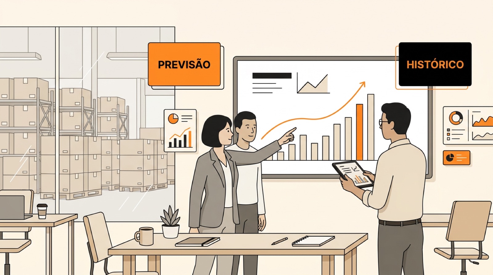 Uma gerente de suprimentos e um analista apontam a curva de crescimento num painel na parede enquanto um terceiro compara no tablet, com cartões de previsão e histórico ao redor e prateleiras de caixas do estoque vistas pela janela