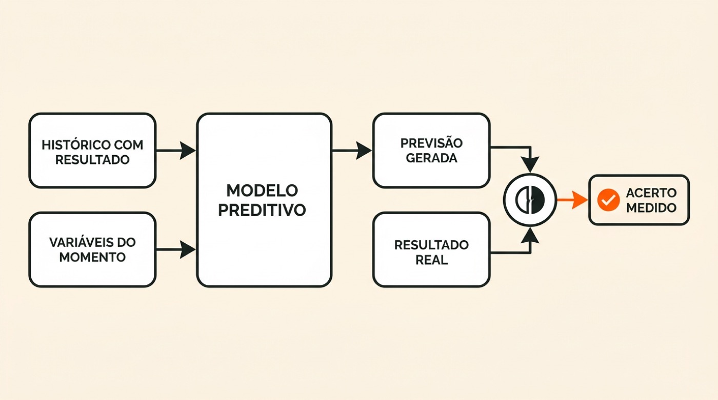 Diagrama: histórico com resultado e variáveis do momento entram no modelo preditivo, que gera a previsão comparada ao resultado real para medir o acerto
