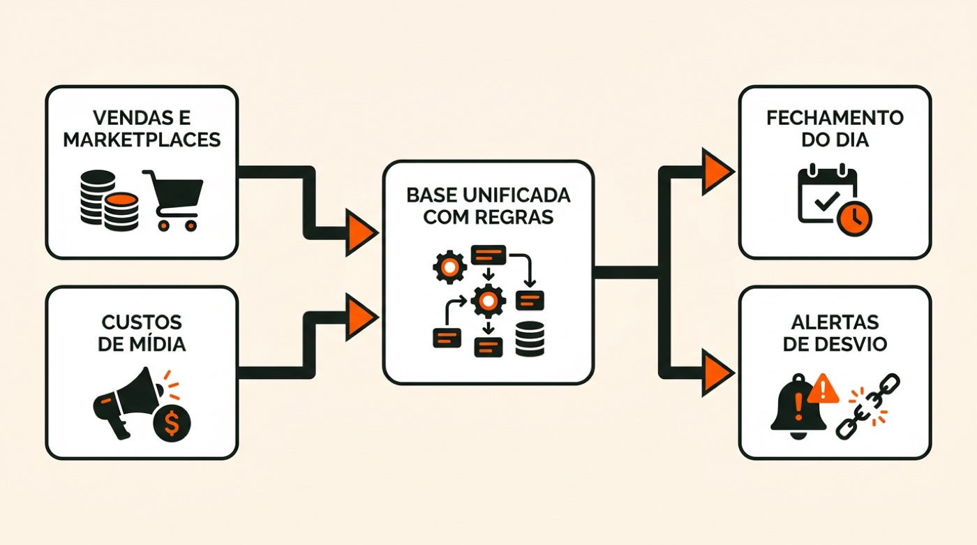 Diagrama: vendas e marketplaces e custos de mídia entram numa base unificada com regras, que devolve o fechamento do dia e alertas de desvio