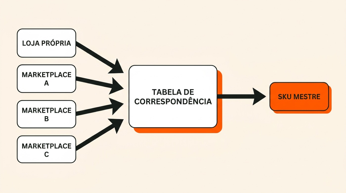 Diagrama: loja própria e três marketplaces entram numa tabela de correspondência que leva a um SKU mestre