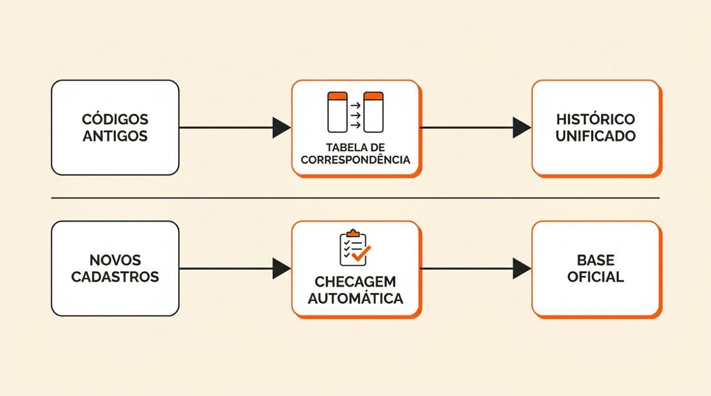 Diagrama: códigos antigos passam pela tabela de correspondência e viram histórico unificado, enquanto novos cadastros passam por checagem automática e entram na base oficial