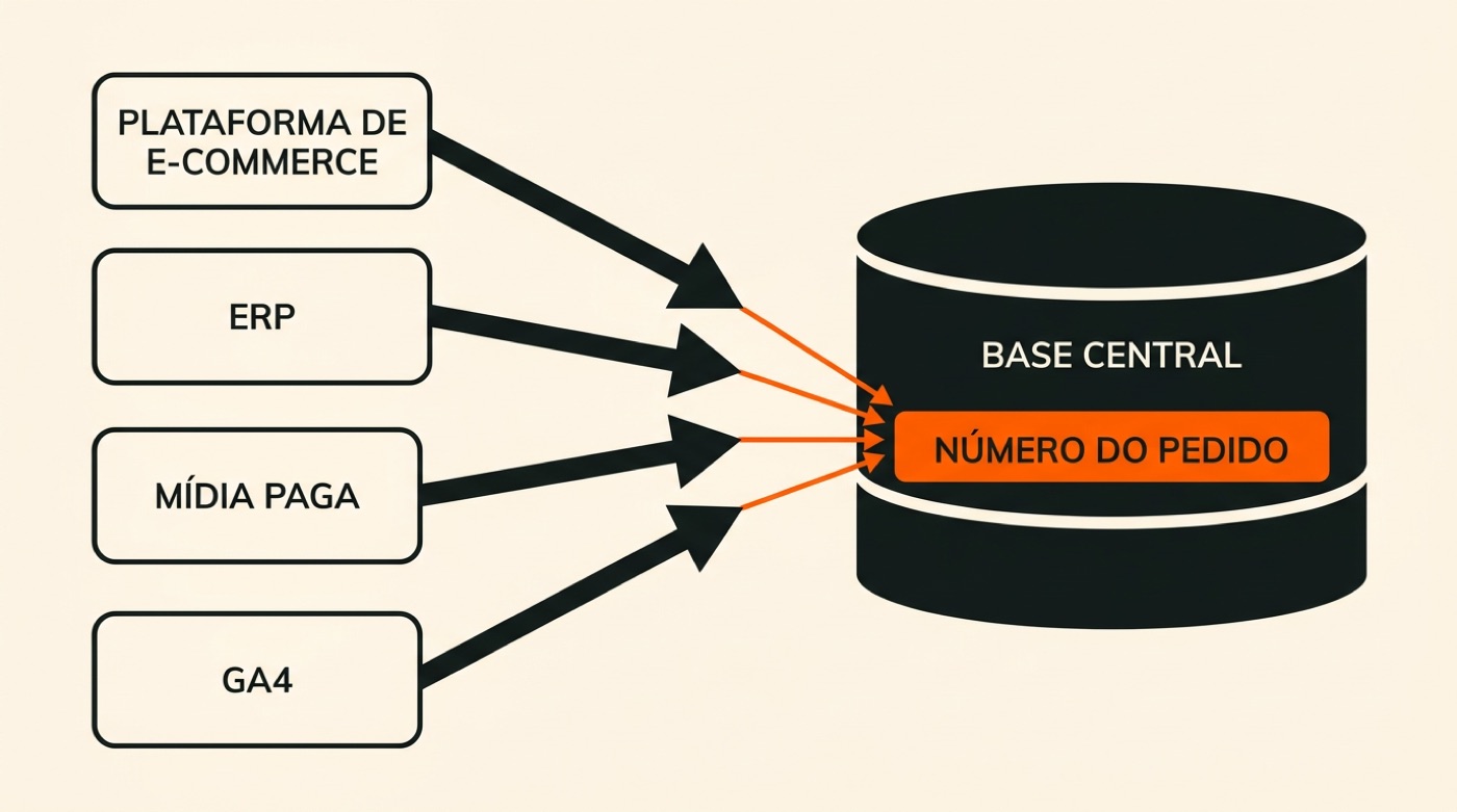 Diagrama: plataforma de e-commerce, ERP, mídia paga e GA4 apontam para uma base central com o número do pedido como chave