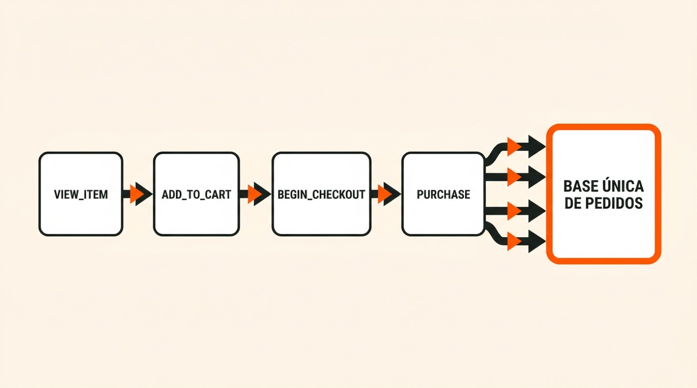 Diagrama: os eventos view_item, add_to_cart, begin_checkout e purchase em sequência alimentam uma base única de pedidos
