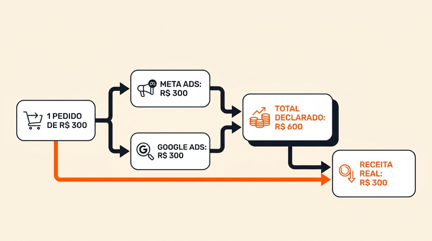 Diagrama: um pedido de 300 reais é atribuído ao Meta Ads e ao Google Ads, o total declarado chega a 600 reais e a receita real continua em 300