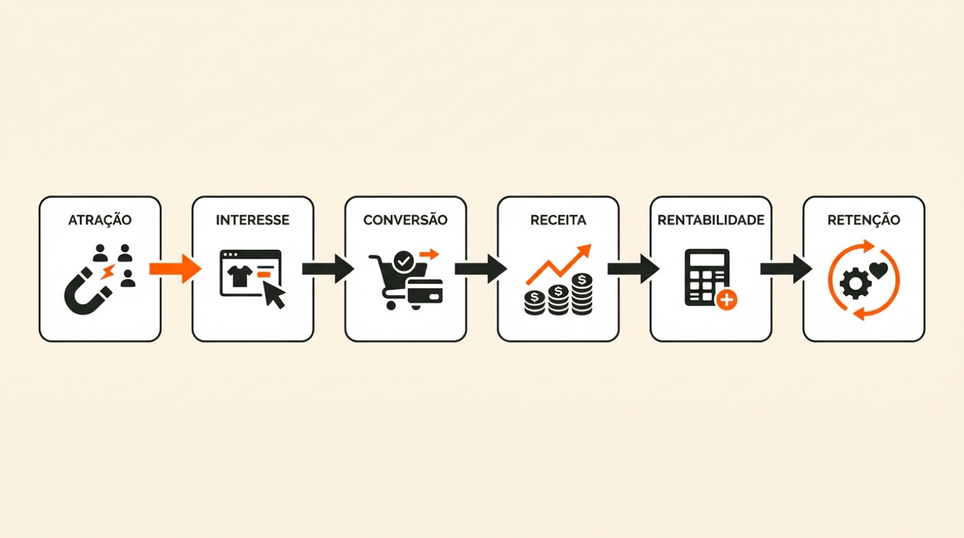 Diagrama: seis etapas em sequência, atração, interesse, conversão, receita, rentabilidade e retenção, ligadas por setas