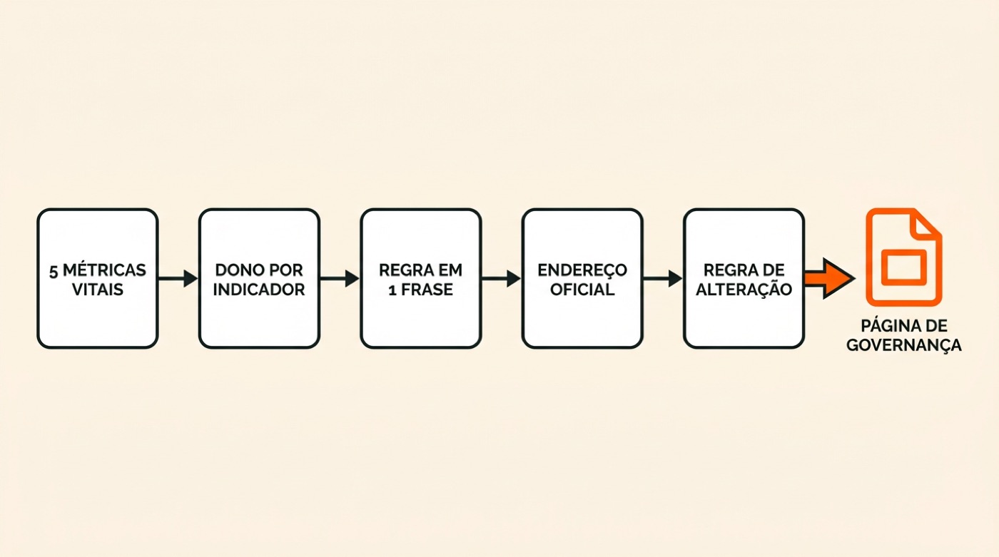 Diagrama: cinco métricas vitais, dono por indicador, regra em uma frase, endereço oficial e regra de alteração levam à página de governança