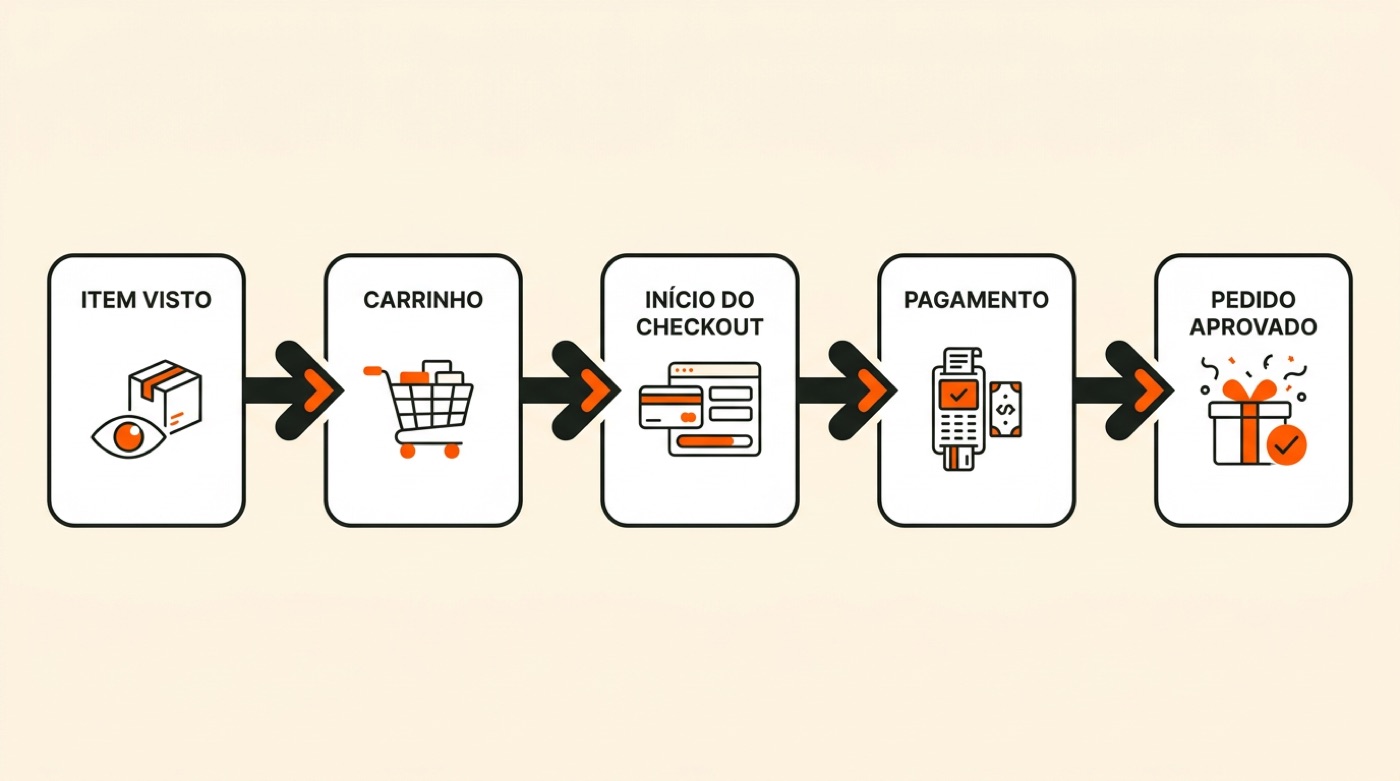 Diagrama: item visto leva a carrinho, início do checkout, pagamento e pedido aprovado, em sequência