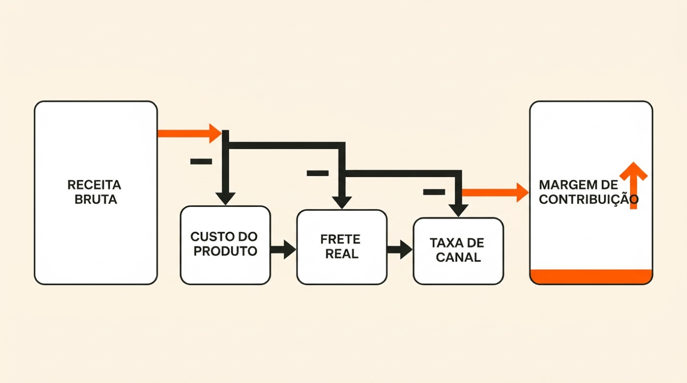 Diagrama: da receita bruta saem custo do produto, frete real e taxa de canal até chegar à margem de contribuição