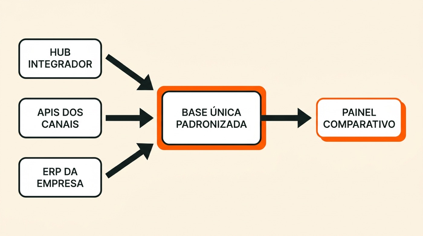 Diagrama: hub integrador, APIs dos canais e ERP da empresa alimentam uma base única padronizada, que gera o painel comparativo