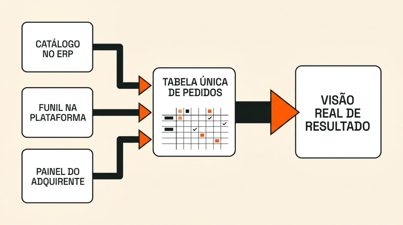 Diagrama: catálogo no ERP, funil na plataforma e painel do adquirente entram numa tabela única de pedidos, que leva à visão real de resultado