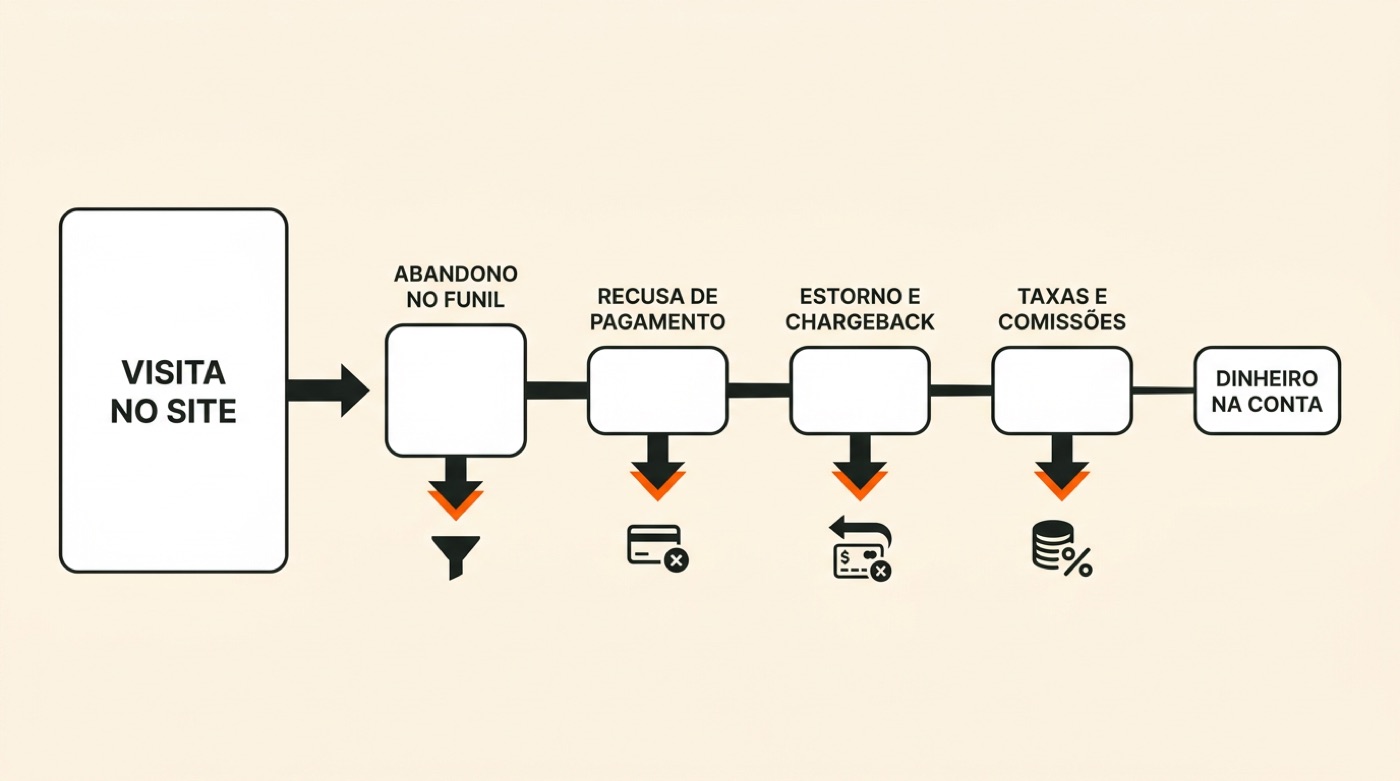 Diagrama: da visita no site até o dinheiro na conta, o valor vaza em abandono no funil, recusa de pagamento, estorno e chargeback, taxas e comissões