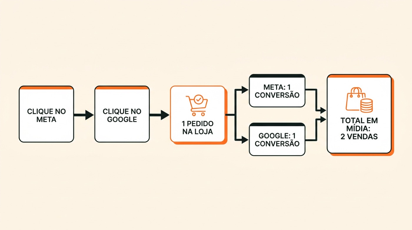 Diagrama: um clique no Meta e um clique no Google levam a um pedido na loja, o Meta conta uma conversão, o Google conta outra e o total em mídia fica em duas vendas