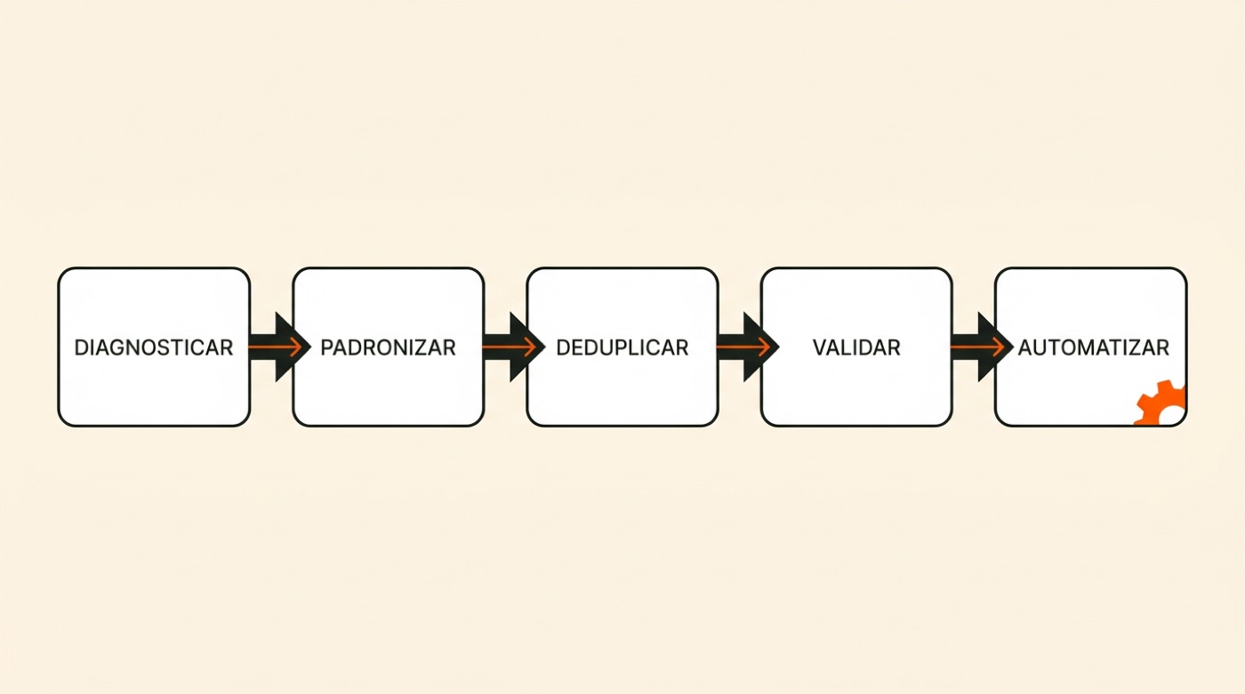 Diagrama: diagnosticar leva a padronizar, deduplicar, validar e automatizar